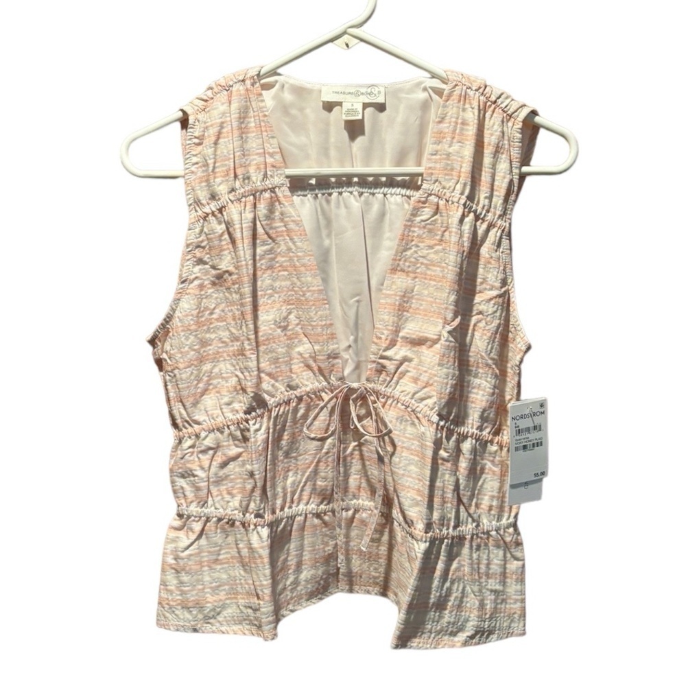 Treasure & Bond Stripe Shirred Sleeveless Top in Ivory Honey Plaid Small NWT